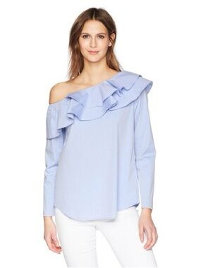 NWT Calvin Klein One-Shoulder Ruffle Blouse in Light Blue